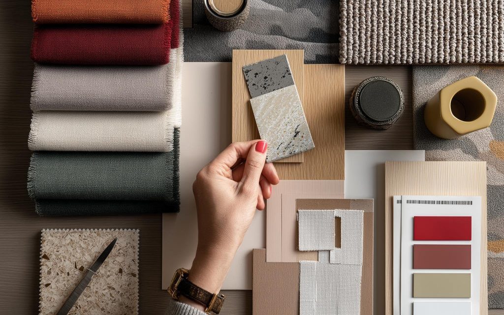 Interior design mood board with fabric, tile and paint swatches