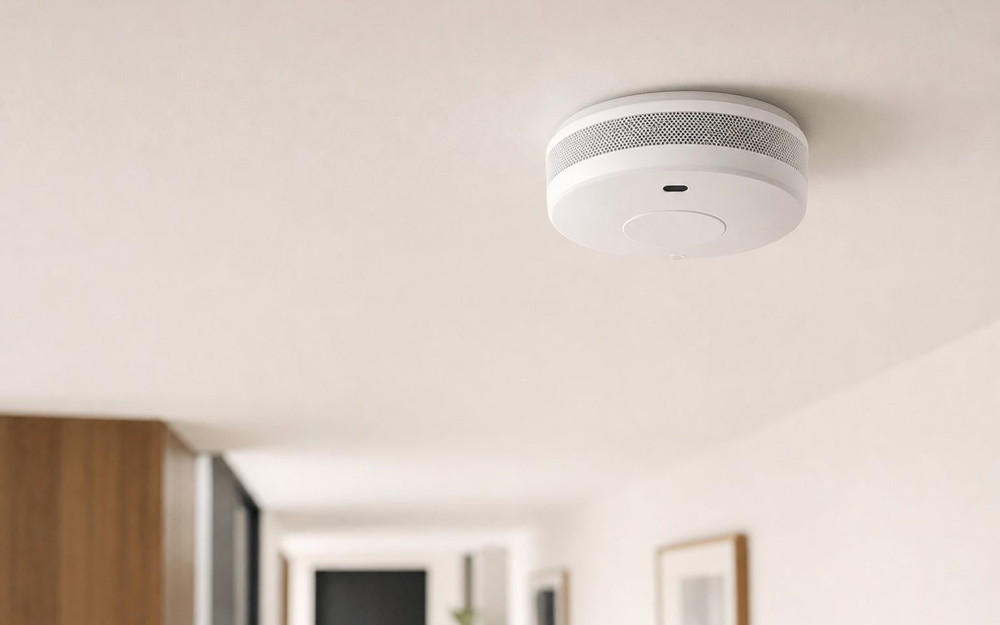 Modern smoke and carbon monoxide detector fitted to a home ceiling