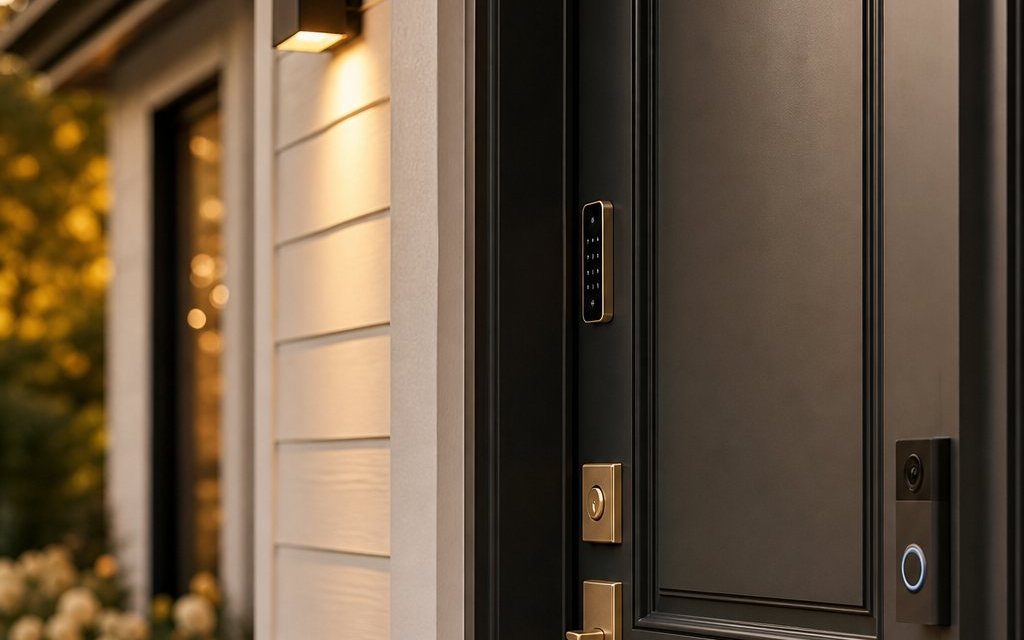 Smart video doorbell and keypad lock installed at a renovated front door